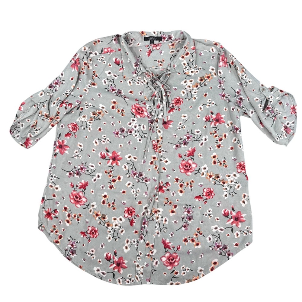 Louise Paris Womens 1X Floral Lace Up Blouse Sage Green Pink Roll Tab Sleeve Top
